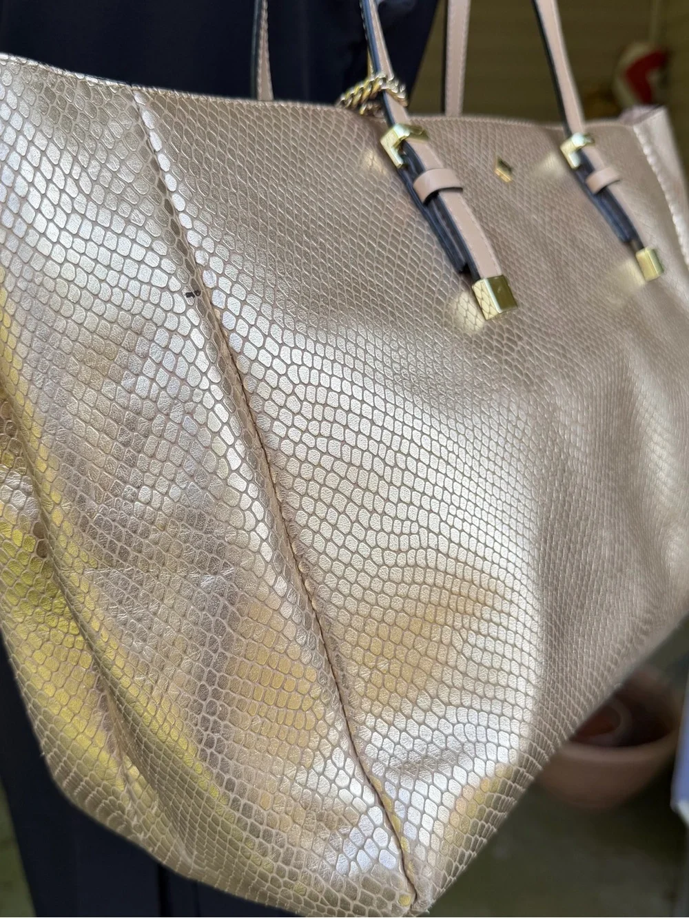ANTONIO MELANI Metallic Champagne Snake-Texture Leather Tote